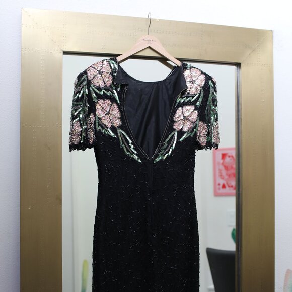 Vintage 80s Scala Black Floral Beaded Sequin Dress - Size S - Picture 7 of 10